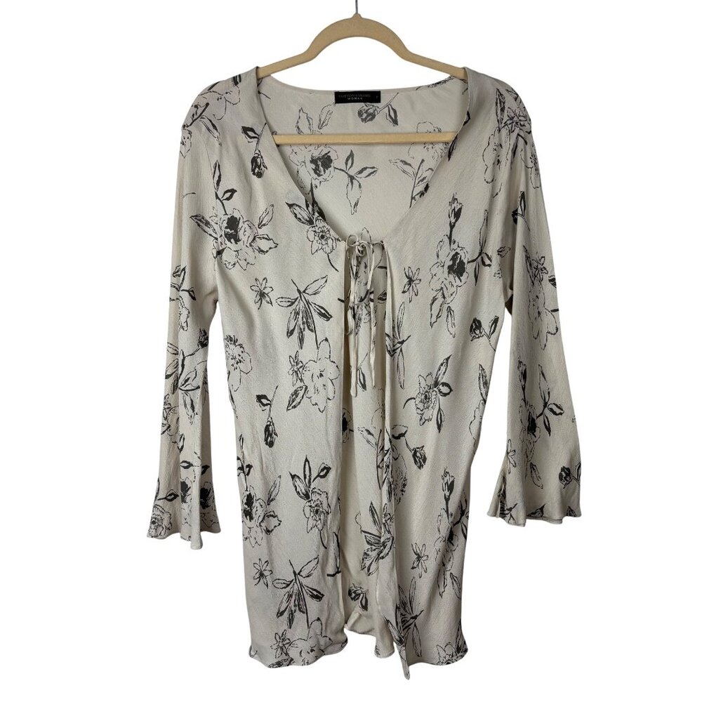 Vintage y2k Cotton Colors S Floral Print Beige & Black Womens Tie-Front Cardigan